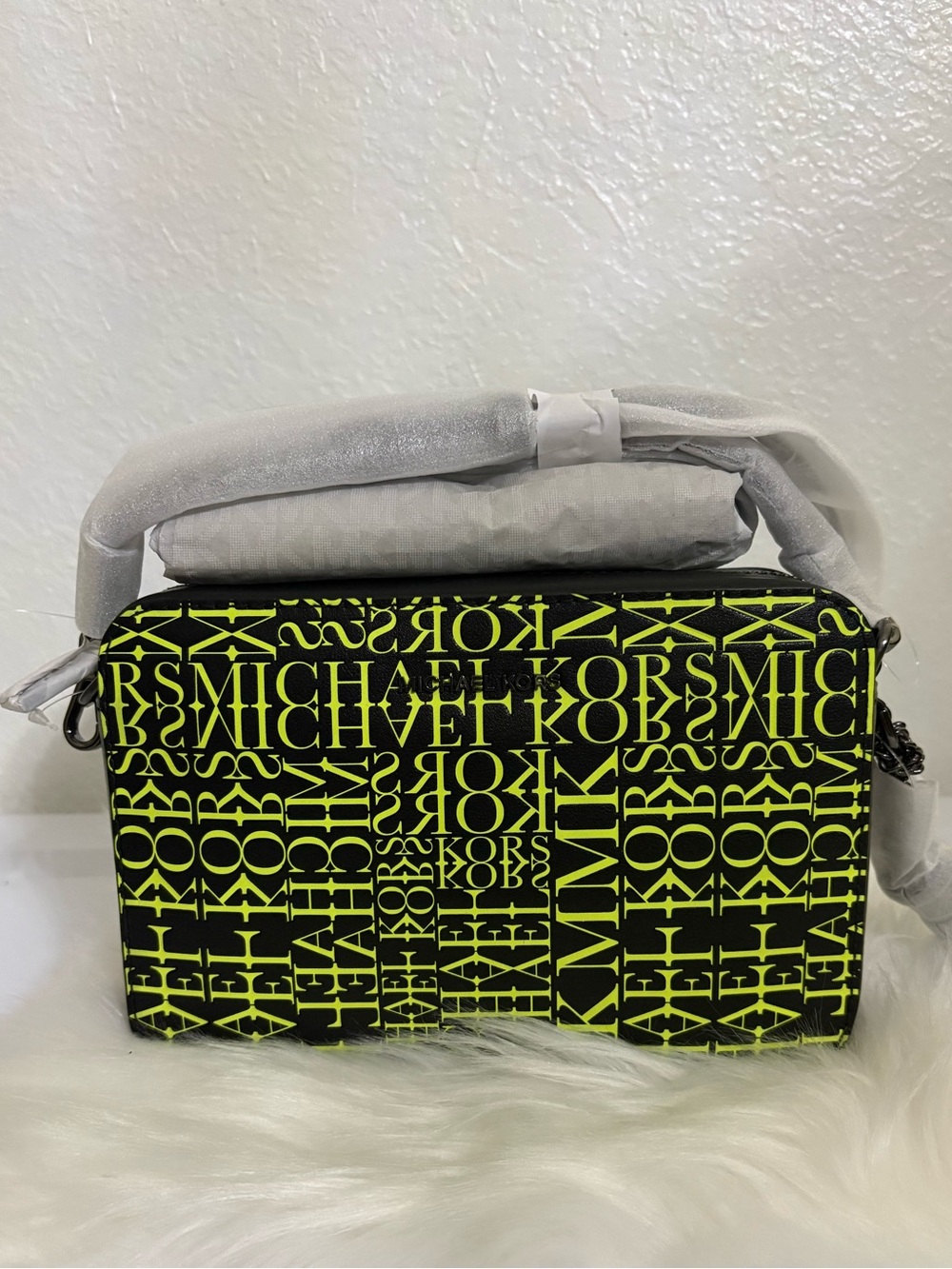 Michael Kors Black Crossbody with Neon Yellow Logo Print